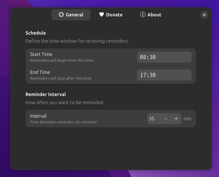 Water Reminder preferences window built with Libadwaita
